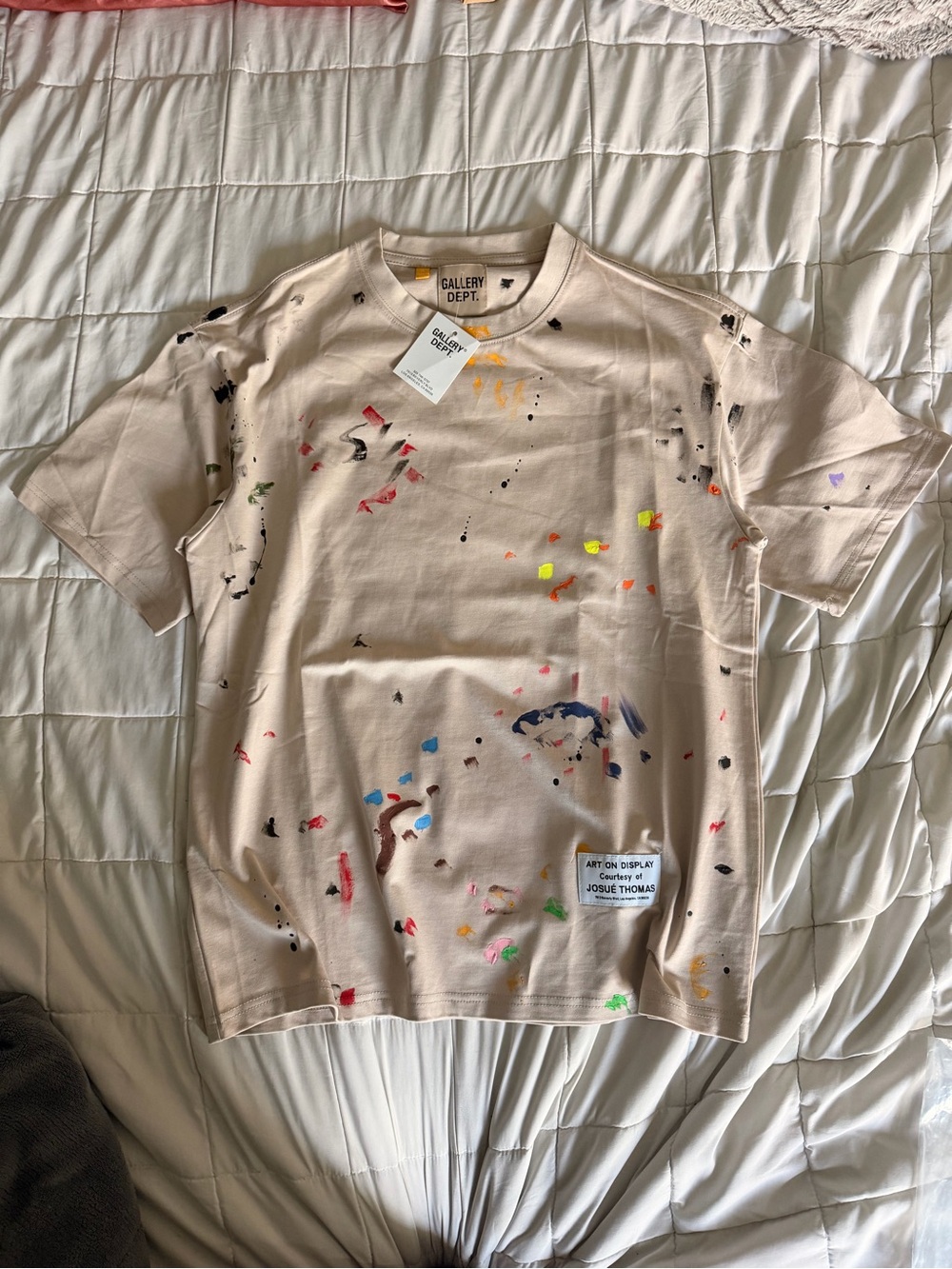 Gallery Dept. Beige Crewneck T-Shirt with Orange Paint Accents